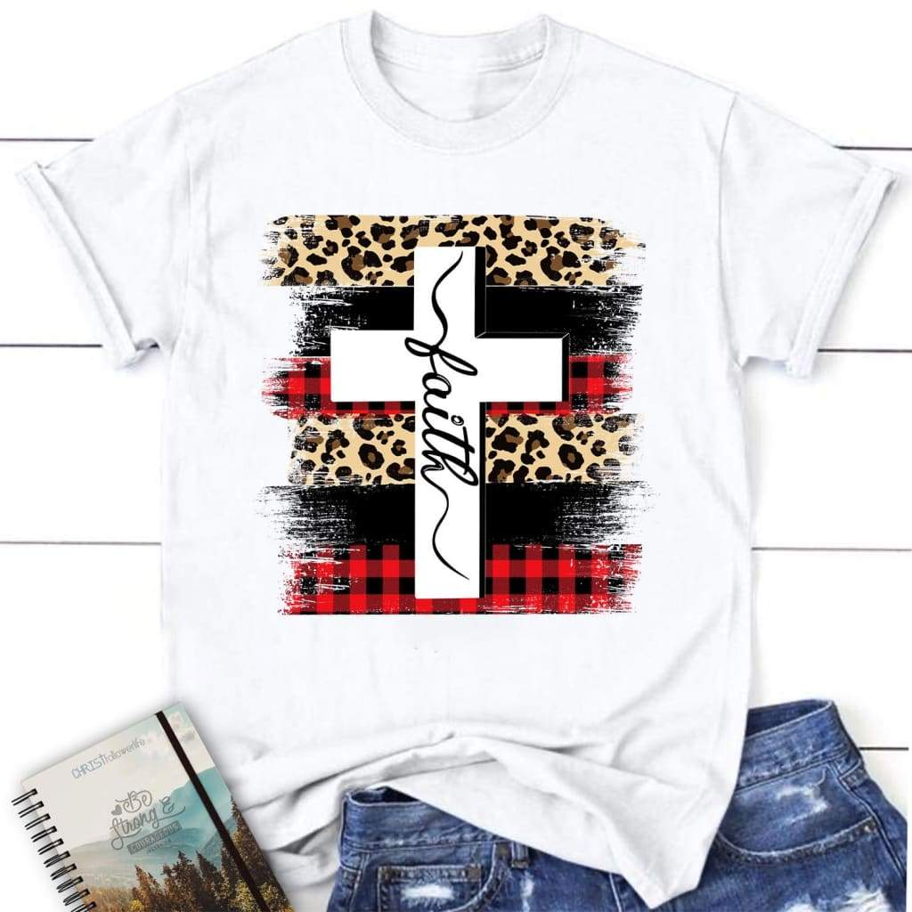 Faith cross plaid leopard women’s Christian t-shirt White / S