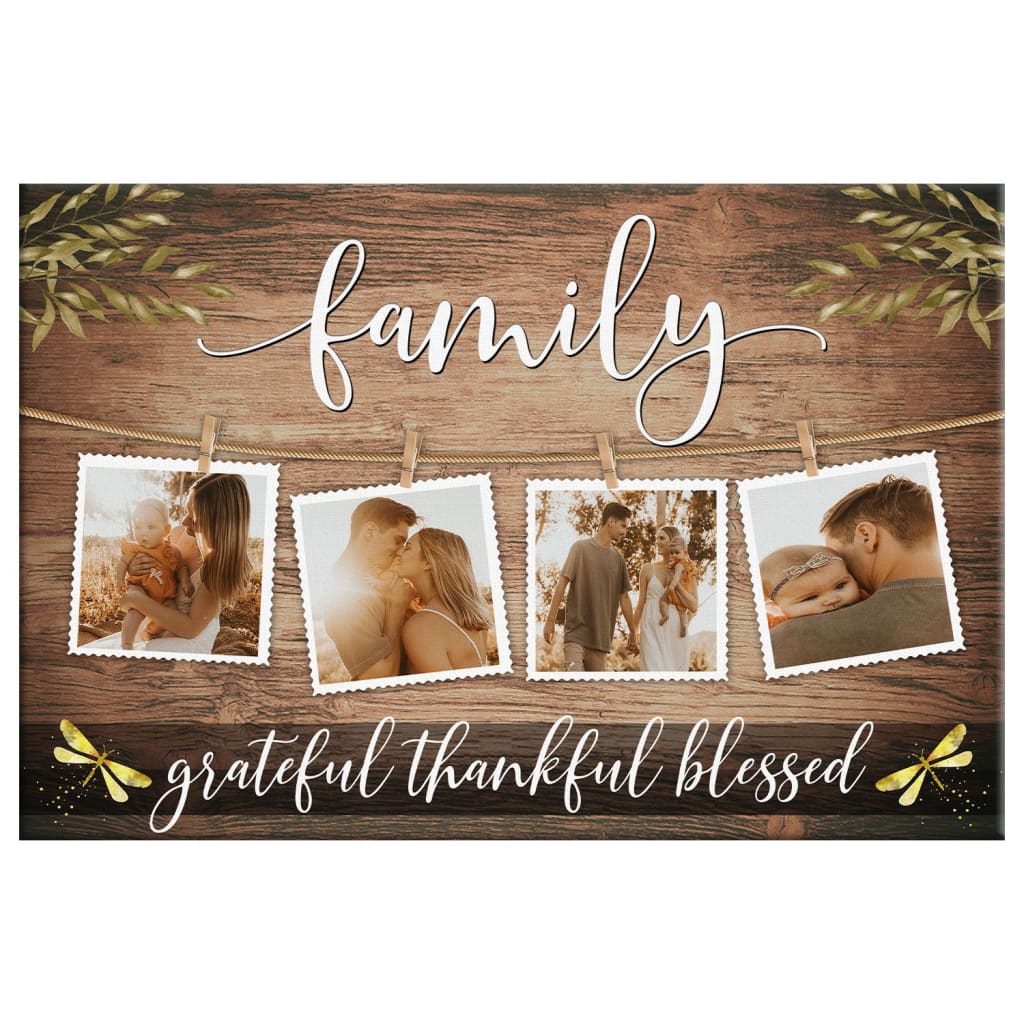 Customizable wall art with "Grateful Thankful Blessed" and family photos, great for inspirational Christian décor.
