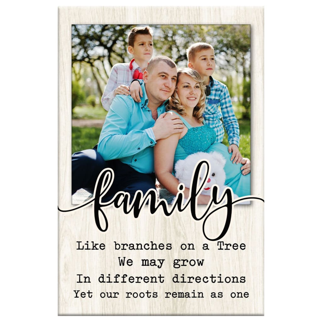 Faith-based wall art with &quot;Family Like Branches on a Tree&quot; and custom photo, perfect for Christian family homes.