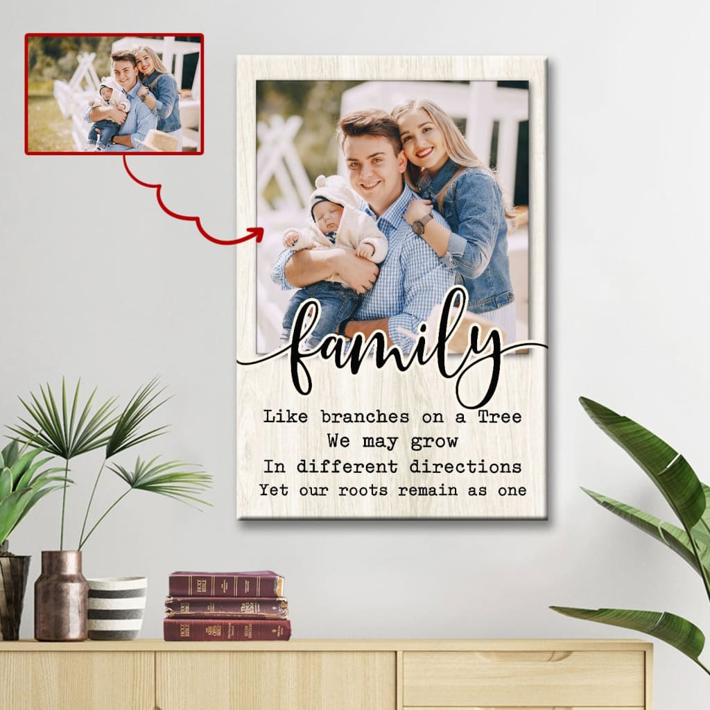 Inspirational wall art canvas with &quot;Family Like Branches on a Tree&quot; and personalized photo, ideal for Christian home decoration.