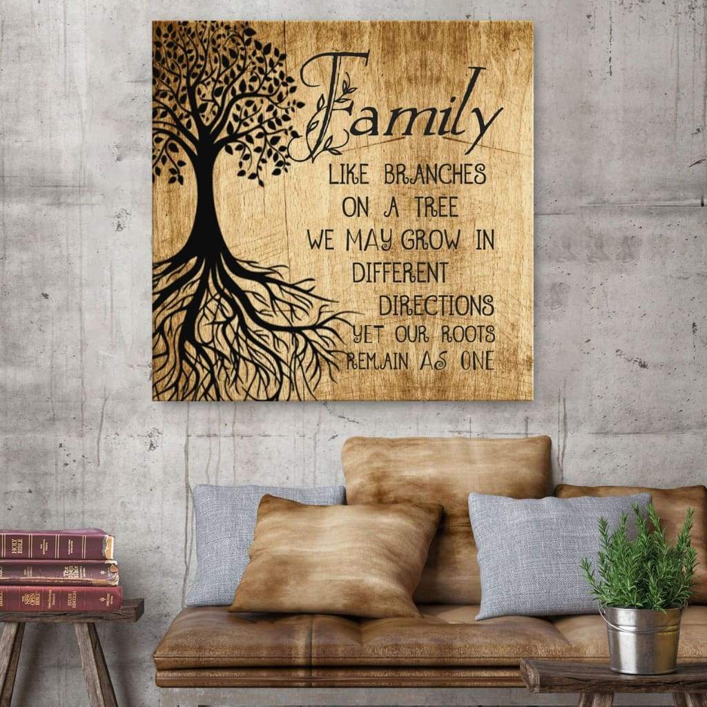 Christian wall art with "Family Like Branches On A Tree" message, perfect faith-based home decor for families.