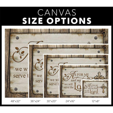 Christian wall art with cross and Joshua 24:15, rustic farmhouse-style decor / canvas size options.