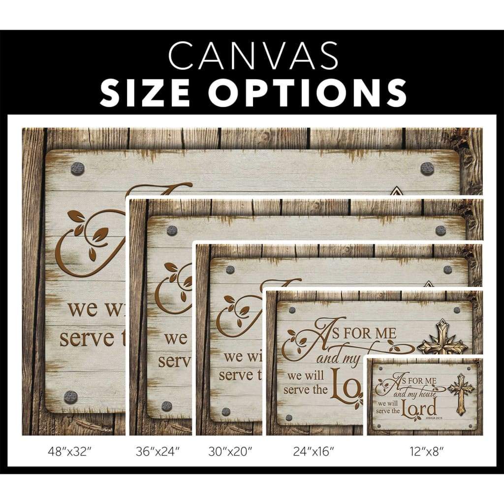 Christian wall art with cross and Joshua 24:15, rustic farmhouse-style decor / canvas size options.