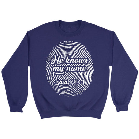 Fingerprint He Knows My Name Isaiah 43:1 sweatshirt Purple / S