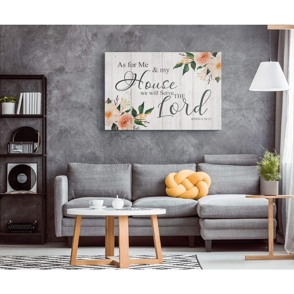 Bible verse wall art decor with Joshua 24:15, floral accents on rustic white wood, perfect for Christian home decor.