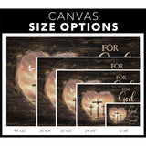 Inspirational wall art featuring John 3:16, three crosses at Calvary in heart, and wooden background, perfect Christian home decor / canvas size options.