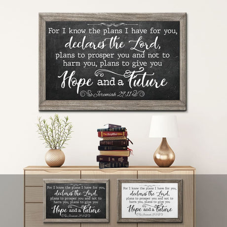 Christian wall art featuring Jeremiah 29:11, "For I Know The Plans I Have For You," perfect faith-based home decor.