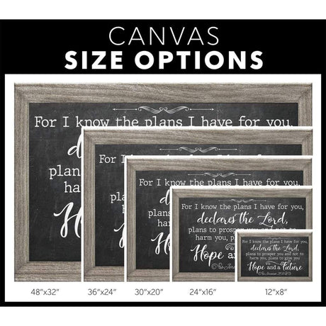 Religious wall art canvas featuring Jeremiah 29:11, "For I Know The Plans I Have For You," perfect for faith-filled home decor.