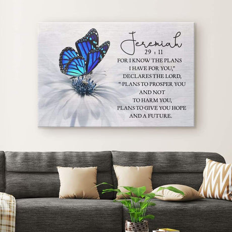 Butterfly Christian wall art canvas with Jeremiah 29:11 "For I Know The Plans I Have For You" Bible verse for inspirational decor.