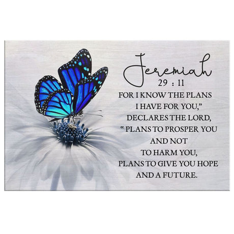Inspirational wall art canvas featuring Jeremiah 29:11 "For I Know The Plans I Have For You" with butterfly design.