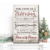 Rustic Christmas wall art featuring "For Unto Us A Child Is Born" Isaiah 9:6, perfect faith-based holiday decor.