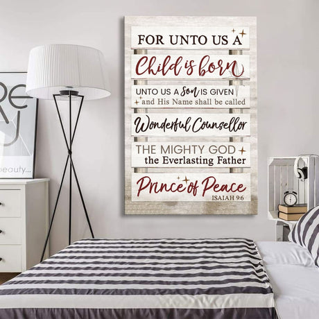 Inspirational canvas print with Isaiah 9:6, "For Unto Us A Child Is Born," in a rustic style, ideal Christmas wall art for homes.