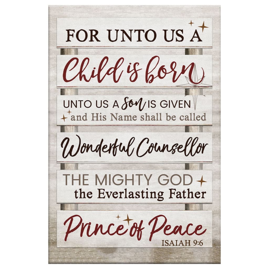 Faith-based rustic Christmas wall art displaying Isaiah 9:6, "For Unto Us A Child Is Born," great religious holiday decor.