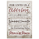 Faith-based rustic Christmas wall art displaying Isaiah 9:6, "For Unto Us A Child Is Born," great religious holiday decor.