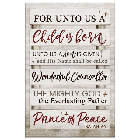 Faith-based rustic Christmas wall art displaying Isaiah 9:6, "For Unto Us A Child Is Born," great religious holiday decor.