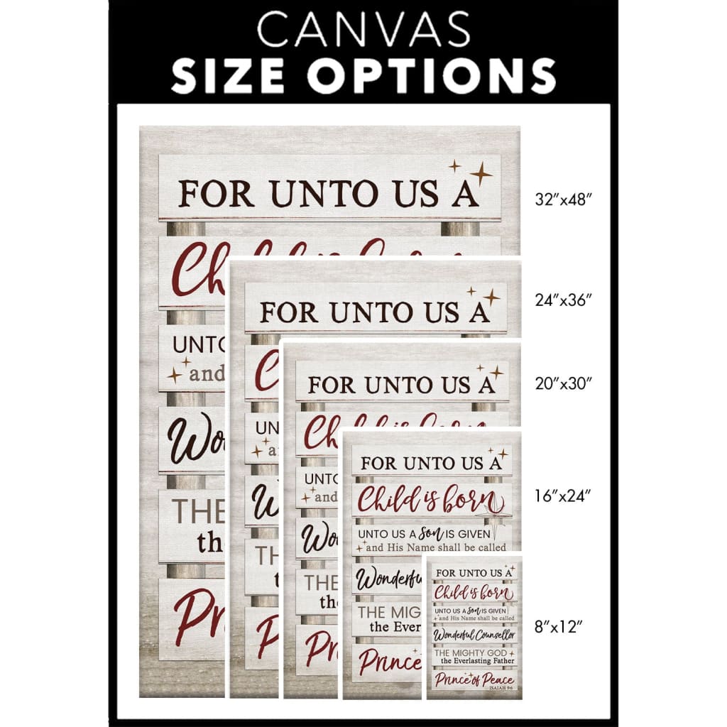 Rustic Christmas wall art canvas with &quot;For Unto Us A Child Is Born&quot; Isaiah 9:6, perfect for faith-filled holiday home decor.