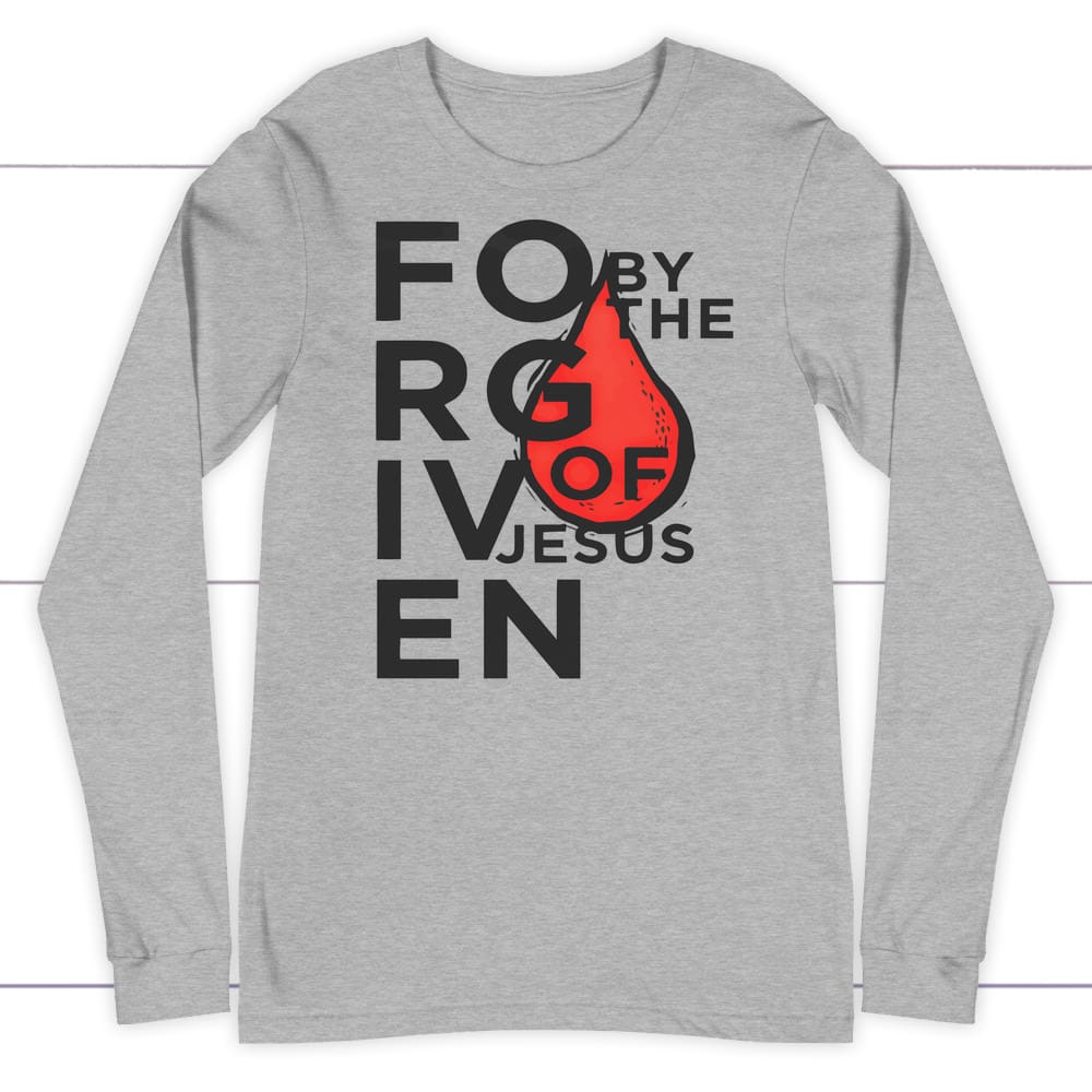 Forgiven by the blood of Jesus long sleeve t-shirt - Christian apparel Athletic Heather / S