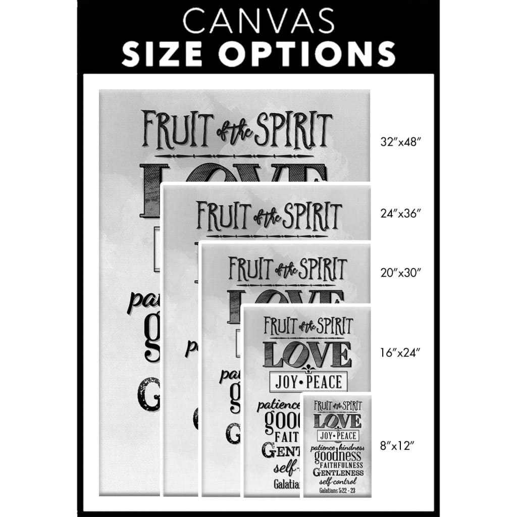 Religious wall art canvas featuring the Fruits of the Spirit: love, joy, peace, patience, kindness, goodness, faithfulness, gentleness, self-control - Canvas size options