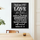 Inspirational canvas print displaying the Fruits of the Spirit: love, joy, peace, patience, kindness, goodness, faithfulness, gentleness, and self-control - Black