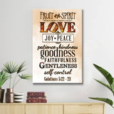 Christian wall art featuring a list of the Fruits of the Spirit: love, joy, peace, patience, kindness, goodness, faithfulness, gentleness, self-control - Brown