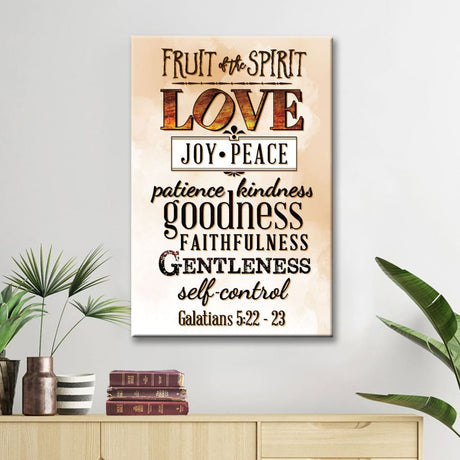 Christian wall art featuring a list of the Fruits of the Spirit: love, joy, peace, patience, kindness, goodness, faithfulness, gentleness, self-control - Brown