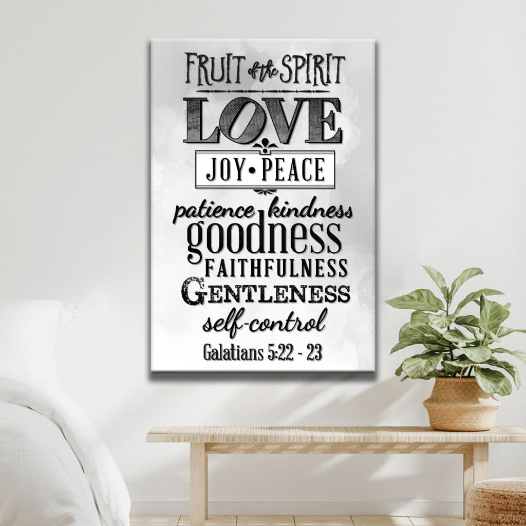Faith-based wall art with the Bible verse listing the Fruits of the Spirit, perfect religious decor for Christian homes - White
