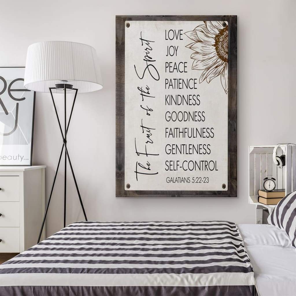 Christian canvas wall art featuring "Fruit of the Spirit" with Galatians 5:22-23 Bible verse, perfect faith-based home decor.