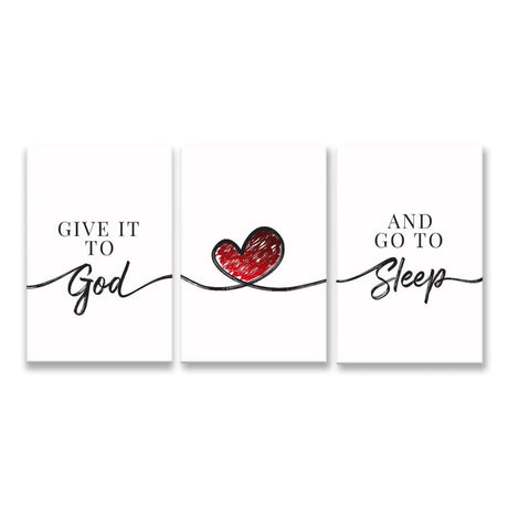 "Give It to God and Go to Sleep" canvas, serene 3-panel Christian artwork for bedrooms or tranquil areas.