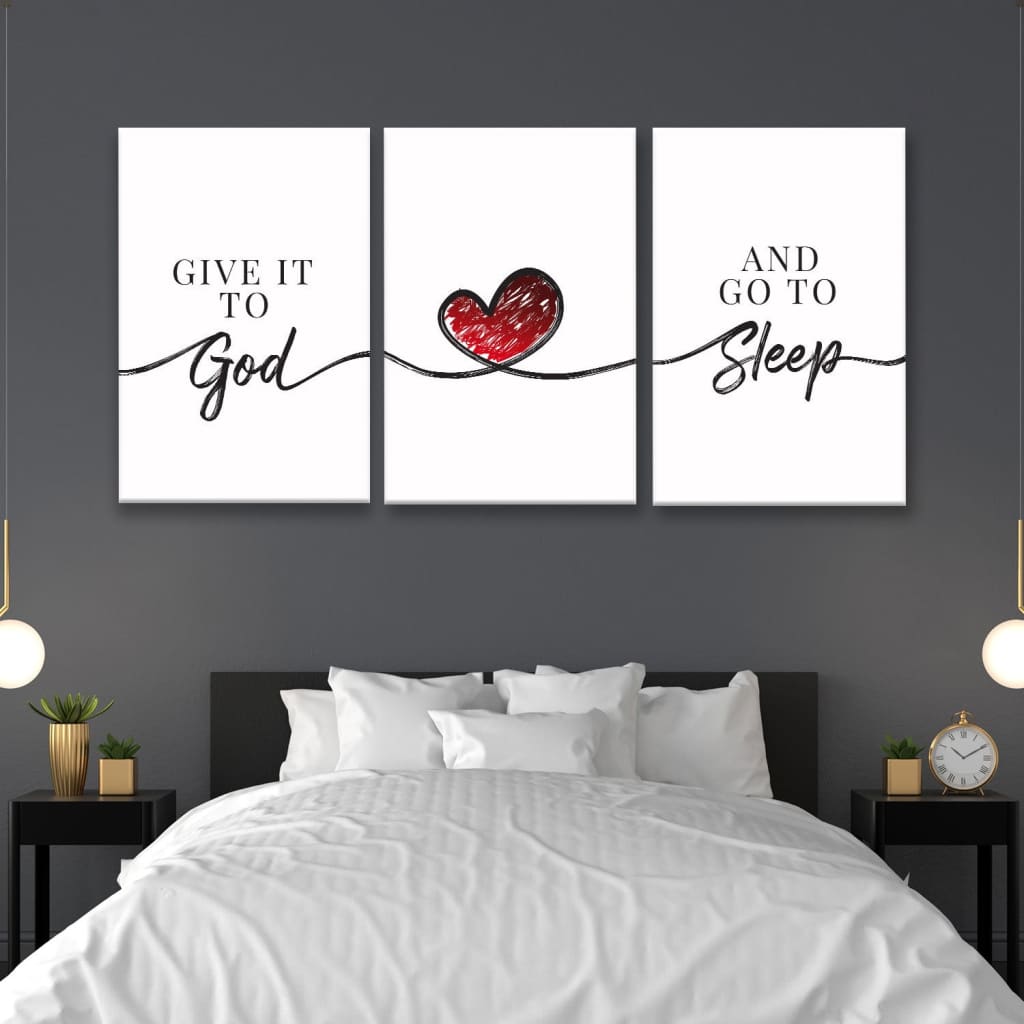 "Give It to God and Go to Sleep" 3-panel wall art, perfect Christian gift, ideal for bedrooms or quiet spaces.