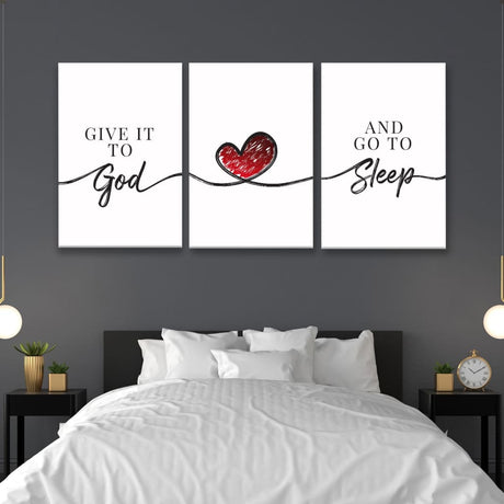 "Give It to God and Go to Sleep" 3-panel wall art, perfect Christian gift, ideal for bedrooms or quiet spaces.