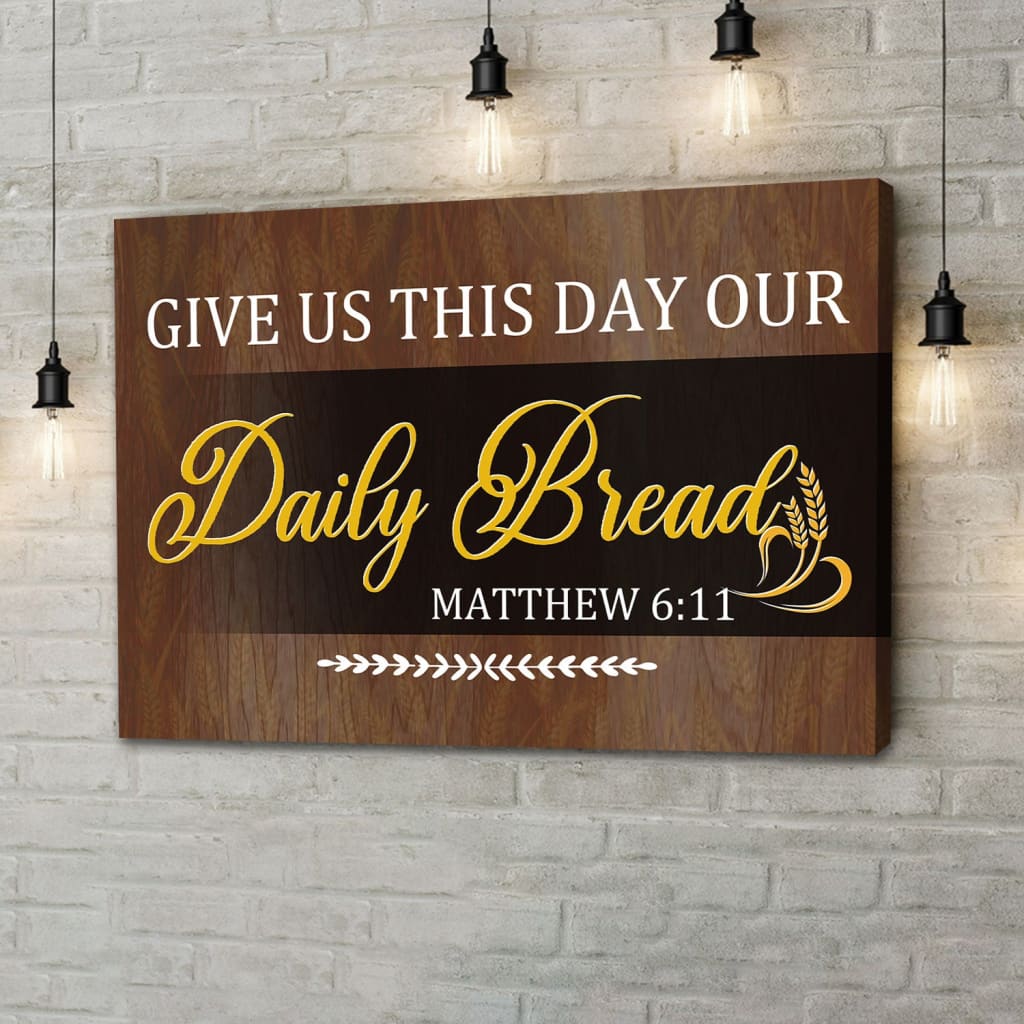 Bible verse wall art print with the phrase "Give Us This Day Our Daily Bread," highlighted in a vibrant Brown, ideal for faith-based decor.