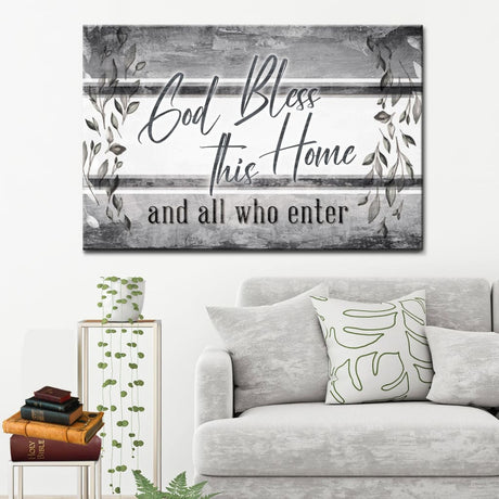 Christian wall art, "God Bless This Home And All Who Enter" in Gray with wooden border and bay leaf accents.