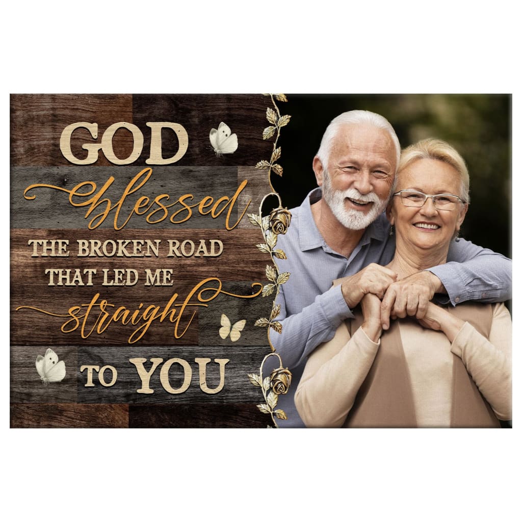 Christian wall decor featuring "God Blessed the Broken Road" and custom photo, meaningful personalized gift.