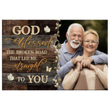 Christian wall decor featuring "God Blessed the Broken Road" and custom photo, meaningful personalized gift.