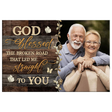 Christian wall decor featuring "God Blessed the Broken Road" and custom photo, meaningful personalized gift.