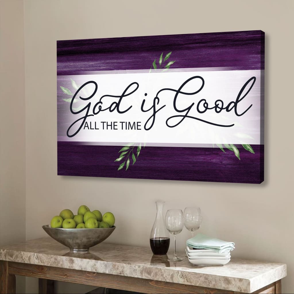 Purple-bordered &quot;God Is Good All The Time&quot; wall art canvas, faith-inspired decor, Christian gift.