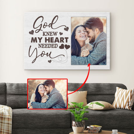 Customizable "God Knew My Heart Needed You" wall art canvas with photo, perfect for inspirational Christian gifts.