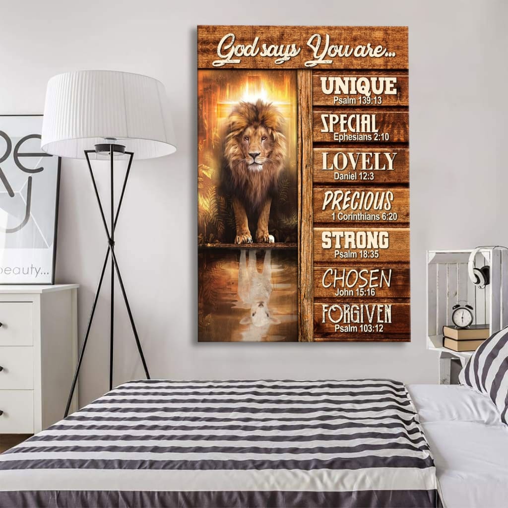 Christian wall art featuring "God Says You Are" with lion and lamb, perfect faith-based Bible verse home decor.