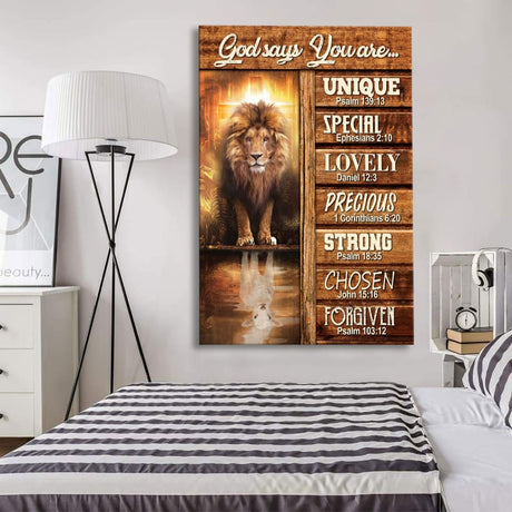 Christian wall art featuring "God Says You Are" with lion and lamb, perfect faith-based Bible verse home decor.