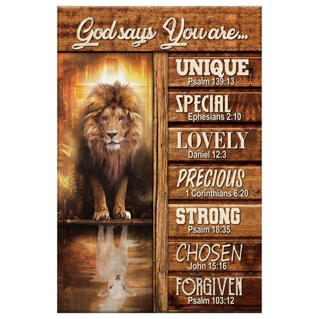 Inspirational wall art canvas print with "God Says You Are" and Bible verses, lion and lamb design, ideal Christian gift.