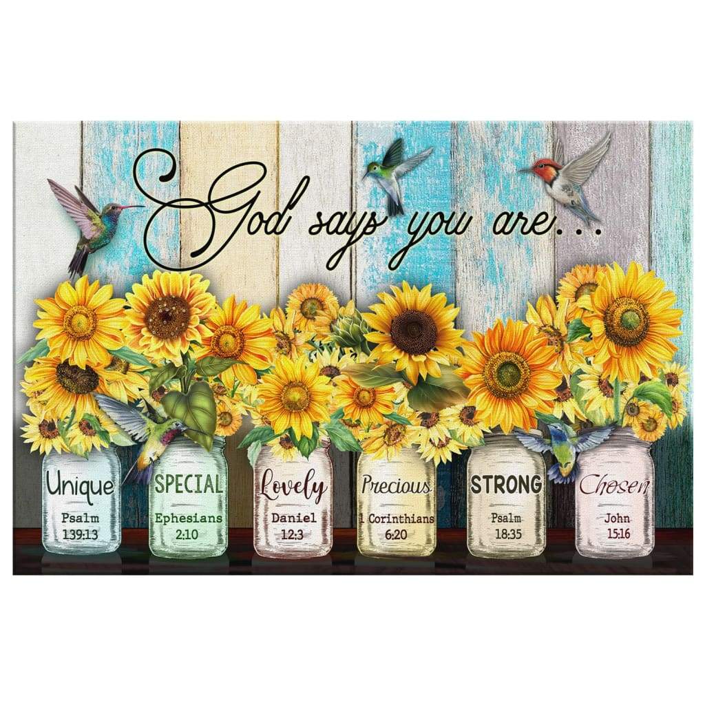 Faith-based canvas print with "God Says You Are," hummingbird and sunflower, great religious home decor.