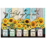 Faith-based canvas print with "God Says You Are," hummingbird and sunflower, great religious home decor.