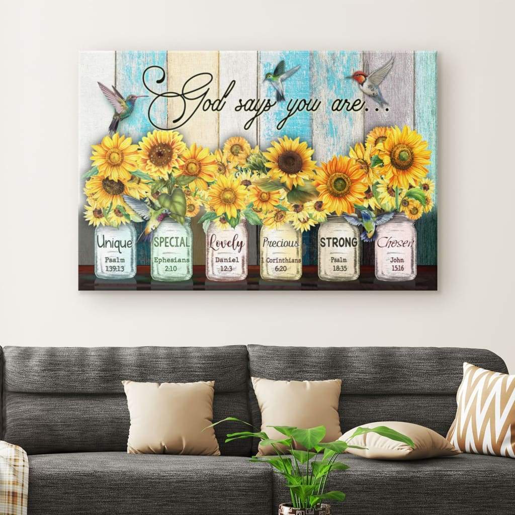 Inspirational wall art with "God Says You Are," hummingbird, and sunflower design, ideal Christian gift for believers.