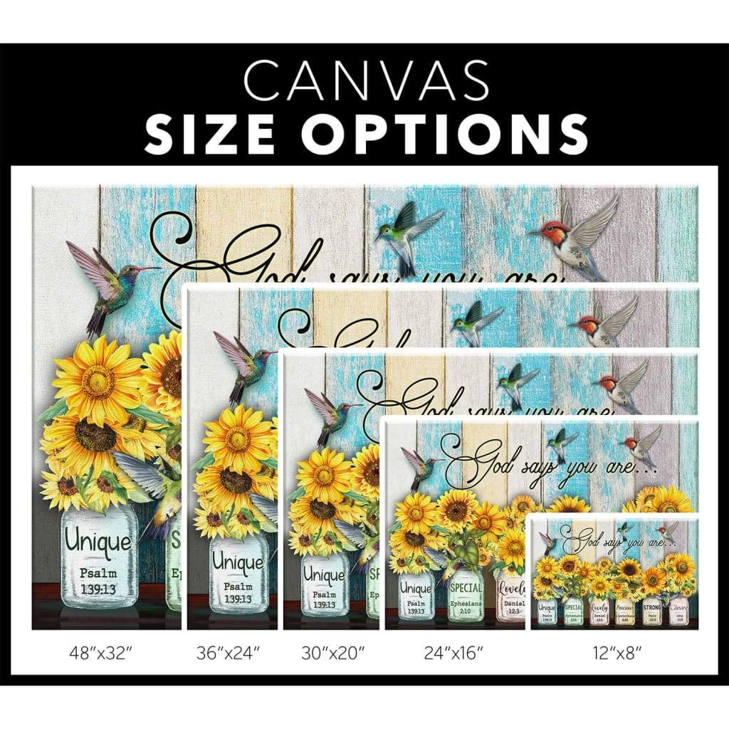 Religious wall art canvas featuring "God Says You Are" with hummingbird and sunflower, perfect for Christian homes.