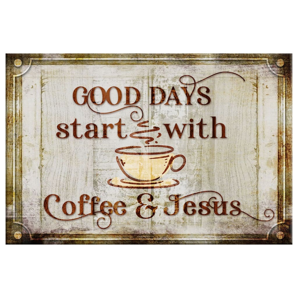 Faith-based wall art displaying "Good Days Start With Coffee And Jesus," great for modern farmhouse-style Christian decor.