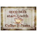 Faith-based wall art displaying "Good Days Start With Coffee And Jesus," great for modern farmhouse-style Christian decor.