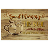 Christian wall art, "Good Morning This Is God," rustic wooden background, faith-based decor for home.