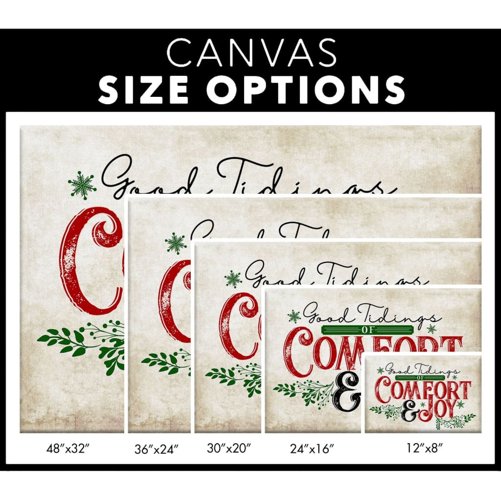 Christian rustic wall art canvas with &quot;Good Tidings Of Comfort And Joy,&quot; perfect for faith-filled Christmas home decor - size options.