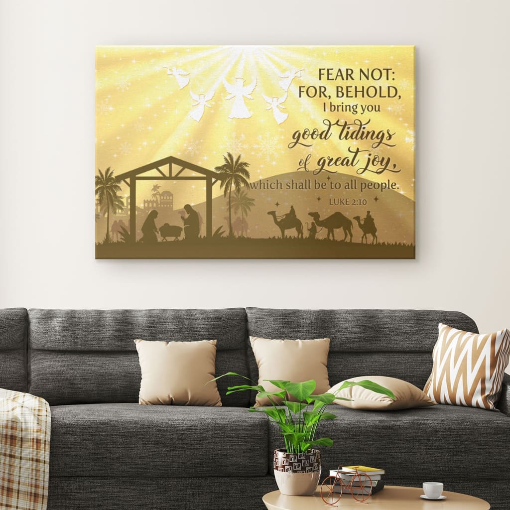 Christian wall art canvas with "Good Tidings Of Great Joy," nativity scene, and Star of Bethlehem leading the wise men, ideal Christmas wall art.