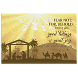 Faith-based Christmas wall art displaying "Good Tidings Of Great Joy" with the nativity and Star of Bethlehem, great religious holiday decor.
